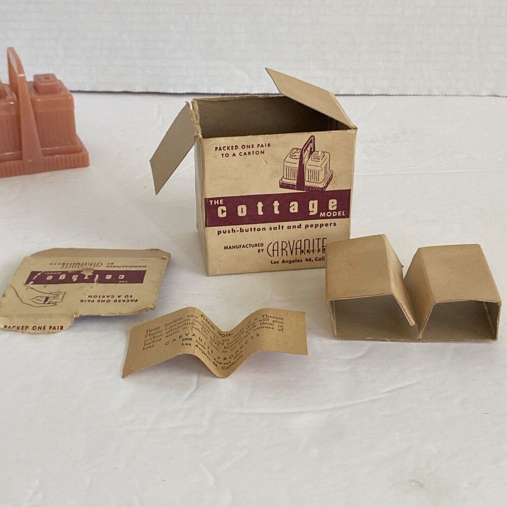 Vintage Art Deco Carvanite 3 Pc Salt Pepper Shaker Set Dusty Rose Box - Picture 14 of 16